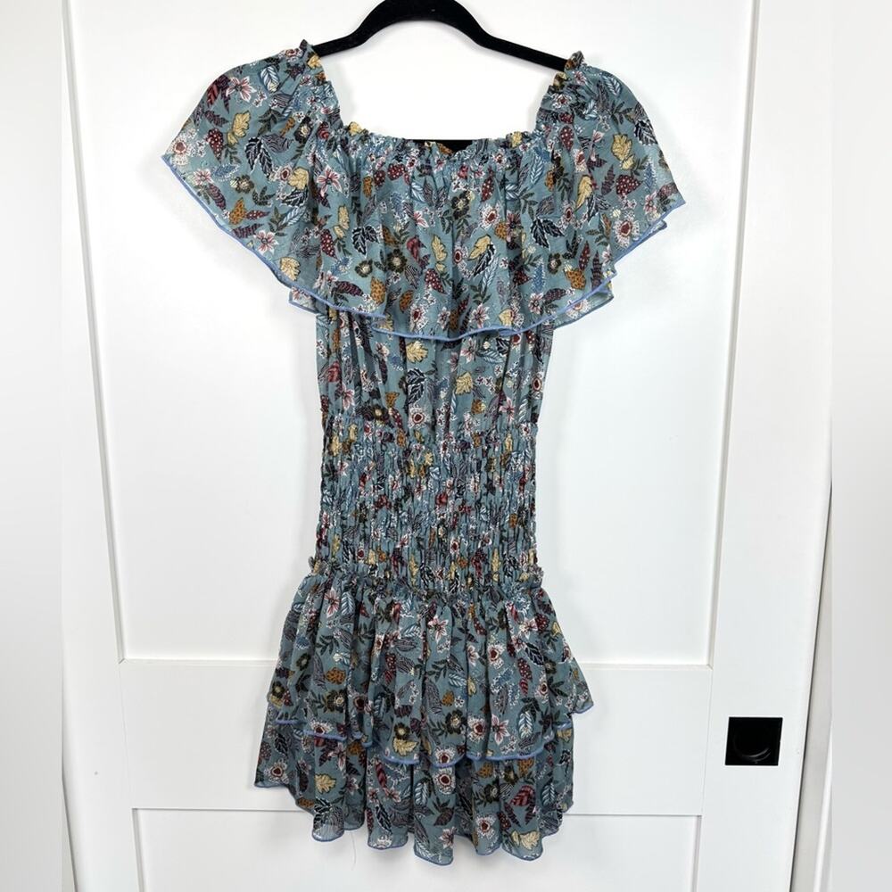 Capuccino Off The Shoulder Smocked Ruffle Mini Dress Made in France Size XS
